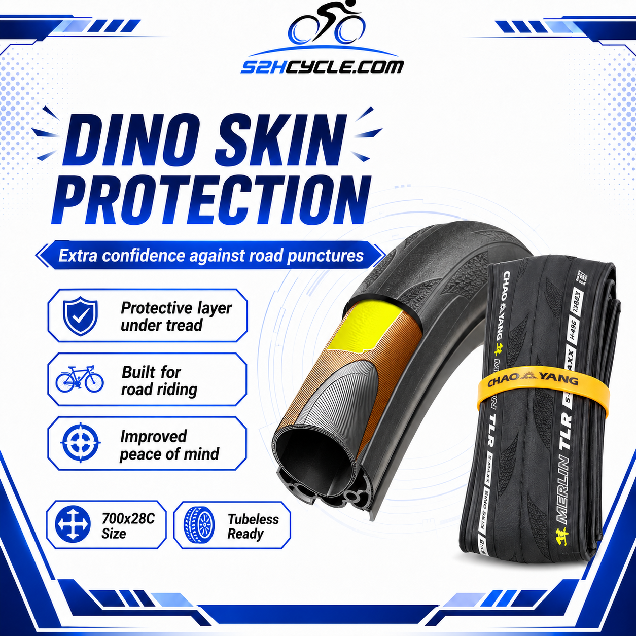 CHAO YANG 700X28C TUBELESS TYRE | TLR | 28-622 | Merlin Road | H-496 - Image 3