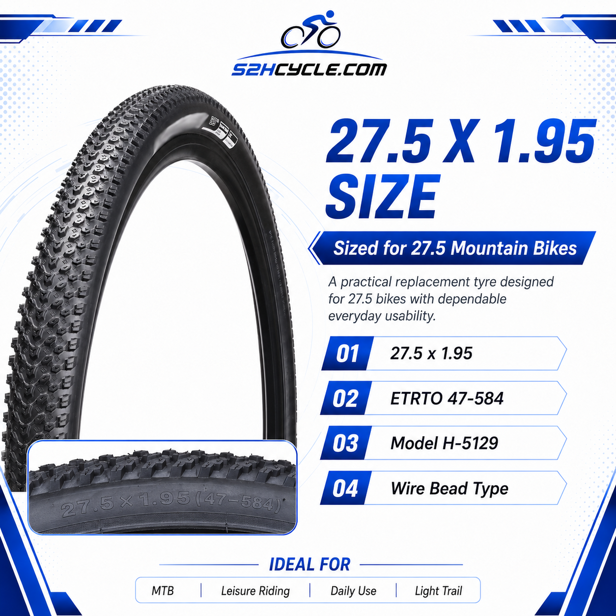 CHAO YANG 27.5X1.95 H-5129 Wire Tyre - Image 2