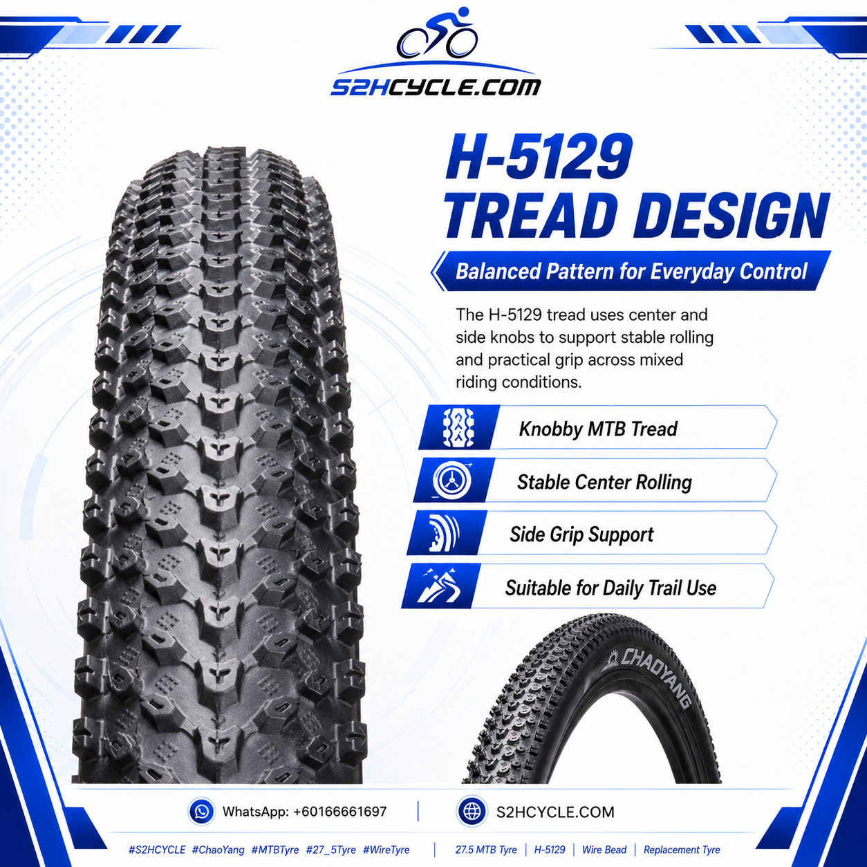 CHAO YANG 27.5X1.95 H-5129 Wire Tyre - Image 3